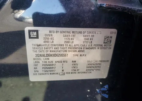 2013 Chevrolet Equinox Lt z USA, uszkodzony, nr VIN 2GNALDEK8D6295561